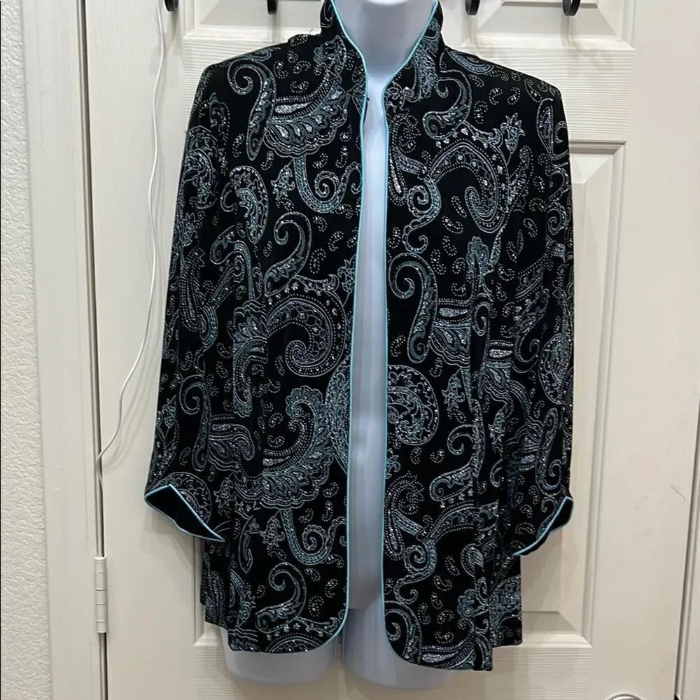 Alex Evenings Black Blue Piping Diamond Sparkling Paisley Women’s Jacket Large